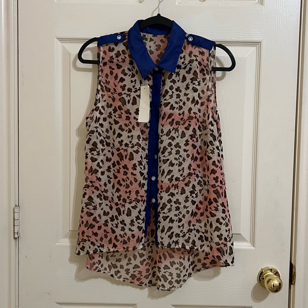 Leopard Print Sleeveless Button Up Top - Blue and Brown